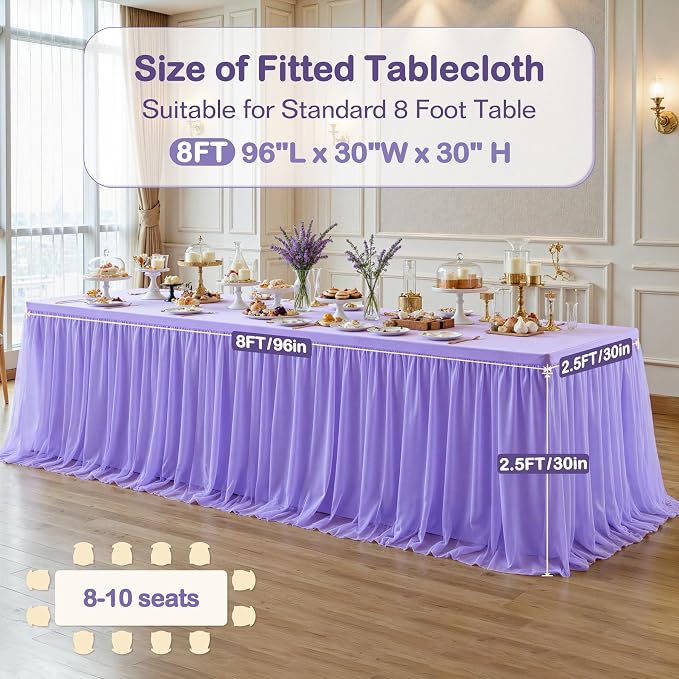 4 Pack Lavender Tulle Tablecloths with Skirt for 8 Foot Rectangle Tables Party Ruffle Tutu Tablecloth 8FT Stretch Fitted Table Cover for Wedding Reception Birthday Baby Shower Celebration Banquet