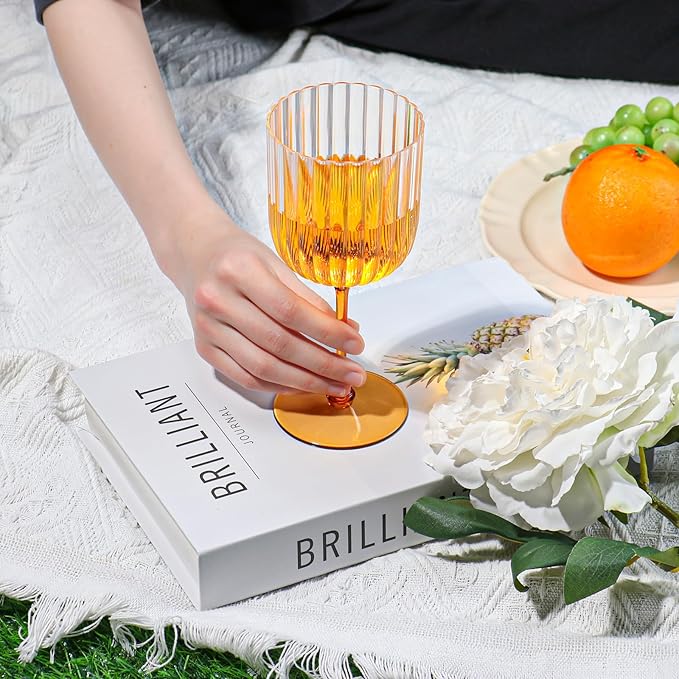 12 PCS Plastic Ribbed Wine Glasses 11oz Clear and Amber Detachable Wine Goblet Unbreakable Vintage Ripple Water Goblets Cocktail Drinking Cups for Parties Weddings Poolside Outdoors
