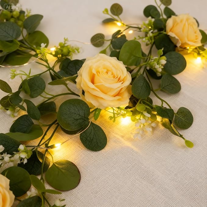 2 Pack 5.9 FT Artificial Flower Garland with Lights, Fake Floral Garland with 12 Champagne Roses, White Flower Decorations for Arch Table Centerpieces Backdrop Party Home Wedding Decorations