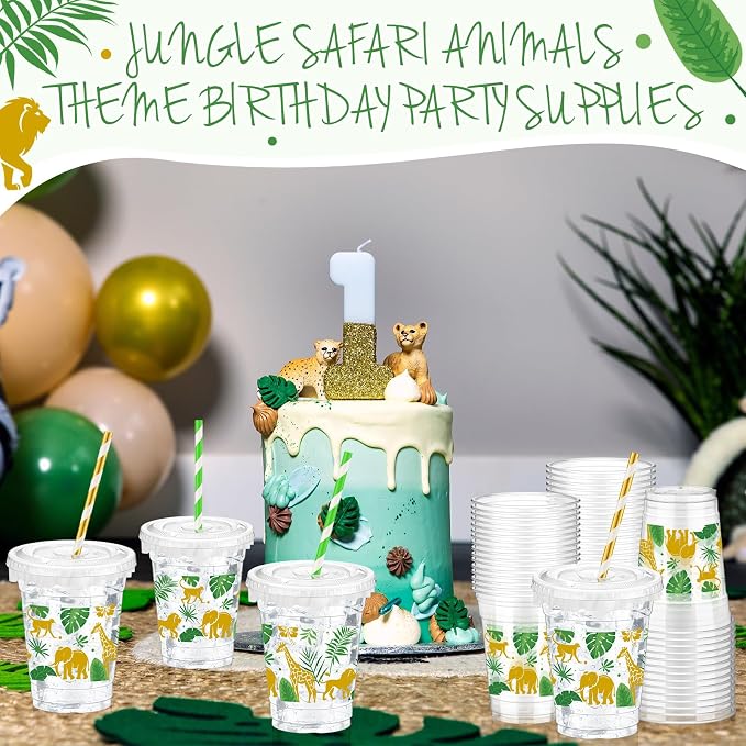 FoldTier 50 Pcs Jungle Safari Animals Cups Disposable Plastic Cup 12 oz Golden Green mugs Thick Wild Theme Clear Mugs Lids Straws Birthday Party Supplies Birthday Party Favor Table Decorations
