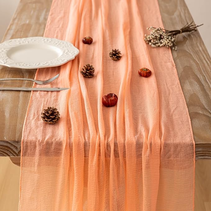 Keketoarrange Fresh Salmon Spring Cheesecloth Table Runner Mothers Day Decor Peach Echo Gauze 120 Inch 10 FT Boho Table Runner for Wedding Baby Shower Bridal Shower Party Sheer Summer Home Decorations