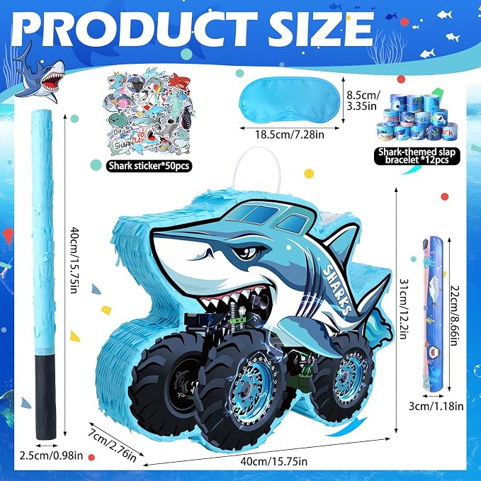 Shark Truck Pinata - Monster Truck Pinata with Blindfold and Bat for Birthday Parties, Monster Truck Pinata for Themed Decorations 16x12x3 Inches