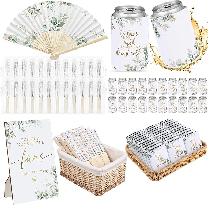 Hoteam 25 Sets Eucalyptus Leaf Wedding Party Favors for Guests Bulk Including Green Can Cooler and Paper Folding Fans with Wedding Decor Table Sign Cheers to Love for Bridal Shower Party Souvenir
