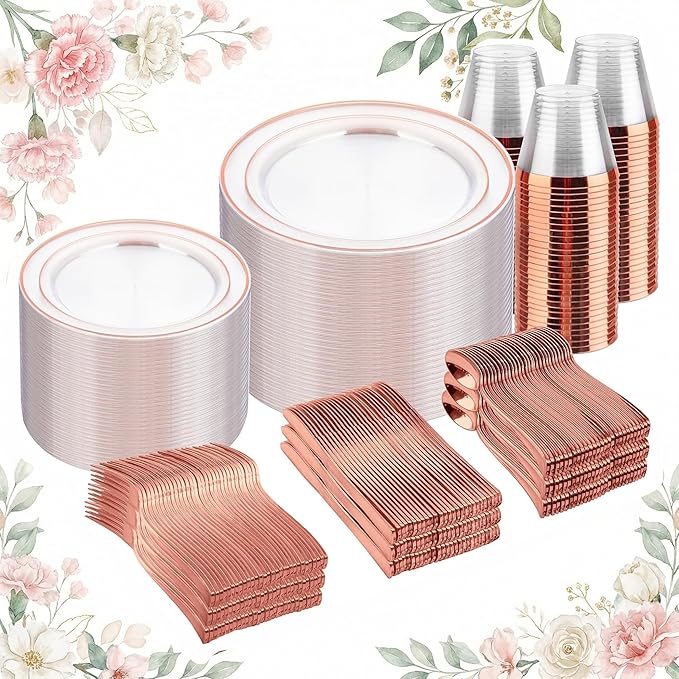 bUCLA 600PCS Clear Rose Gold Plastic Dinnerware Set Disposable - Include 100 Dinner Plates, 100 Dessert Plates, 100 Knives, 100 Forks, 100 Spoons, 100 Cups for Party, Wedding & Mother's Day