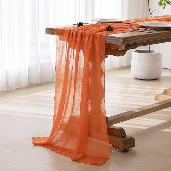 Keketoarrange Orange Summer Table Runner Gauze Rustic Cheesecloth 120 Inch 10 FT for Wedding Baby Shower Bridal Shower Birthday Engagement Garden Outdoor Party Long Sheer Boho Decorations