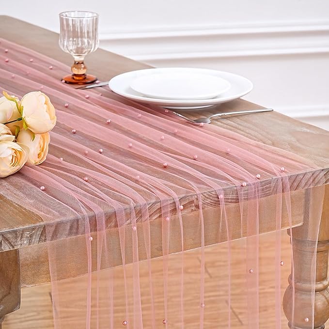 Pearl Tulle Table Runner Fabric: 10ft Wedding Veil Seasonal Dessert Chiffon Pearl Lace Boho Overlay Mother's Day Wedding Aisle Runner Party Decorations Doilies