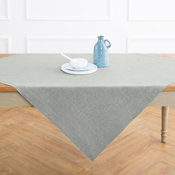 Solino Home Linen Tablecloth 60 x 132 Inch - 100% Pure Linen Chambray Grey Table Cloth for Rectangle Tables - Athena, Machine Washable Fabric Tablecloth