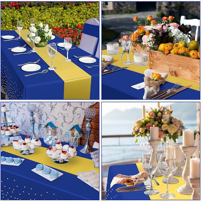 12 Pack Blue and Gold Tablecloth and Table Runner Party Decorations, Royal Blue and Gold Plastic Disposable Tablecloth and Satin Table Runner for Wedding Birthday Bridal Graduation Anniversary Party