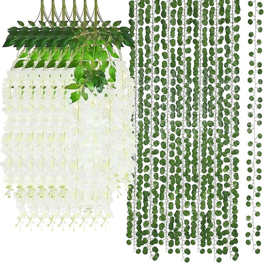Suncalla 48 Pack Wisteria Hanging Flowers and Ivy Vine Garland Set 24 Artificial Silk Wisteria Vines 24 Fake Greenery Leaves for Wedding Arch Party Baby Shower Home Room Wall Forest Garden Decoration