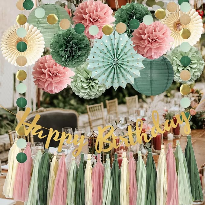 Sage Green and Pink Happy Birthday Party Decorations Dusty Pink Sage Green Tissue Pom Poms Paper Lanterns Beige Paper Fans Tassel Garlands for Women Girls Birthday Baby Shower Decoration