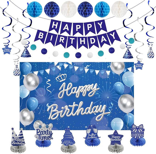 Happy Birthday Party Decoration Set: Including Birthday Banner Backdrop, Party Table Centerpieces and Hanging Swirl Party Streamers, Birthday Decor Suppliers for Men and Women (Blue, Happy Birthday)