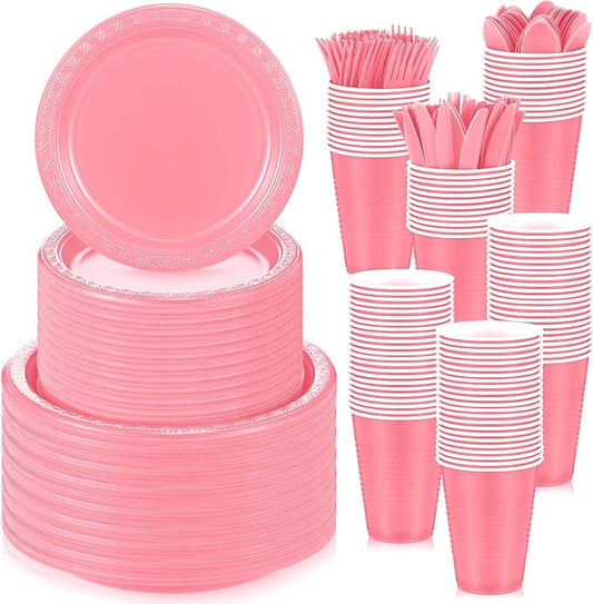 Uiifan 300 Pcs Pink Plastic plates and napkins party supplies plastic dinnerware set Include 50 Plastic Dinner Plates 50 Plastic Appetizer Plates 50 Plastic Cups 50 Knives 50 Forks and 50 Spoons