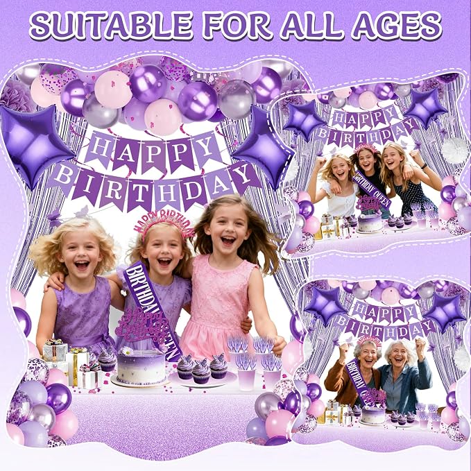 280 Pcs Purple Birthday Party Decorations for Women, Purple Pink Happy Birthday Party Decorations for Girls, 100Pcs Paper Plates, Napkins, Cups, Forks for 20 Guests Tableware Sets, Bday Sash and Crown