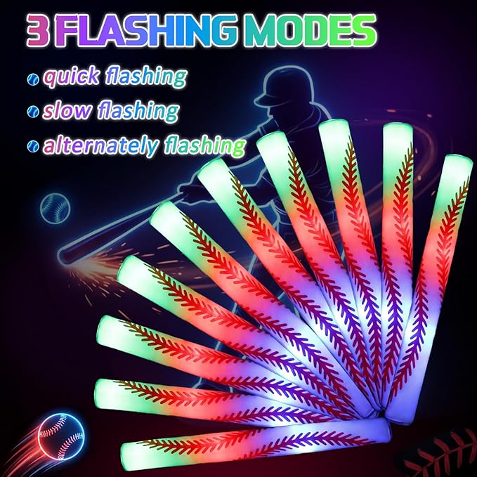 JellyArch 48 Pcs Sports Party LED Foam Sticks Baseball Foam Light up Cheer Sticks Batons with 3 Flashing Modes for Sports Events Birthday Parties Baseball Match Celebrations