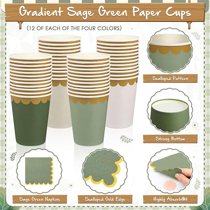 Mimorou 338 Pcs Sage Green Plates and Napkins Party Supplies for Guests Sage Green Tableware Include Scalloped Plates Paper Napkin Cup Spoon Fork Knife for Baby Shower, Wedding, Birthday