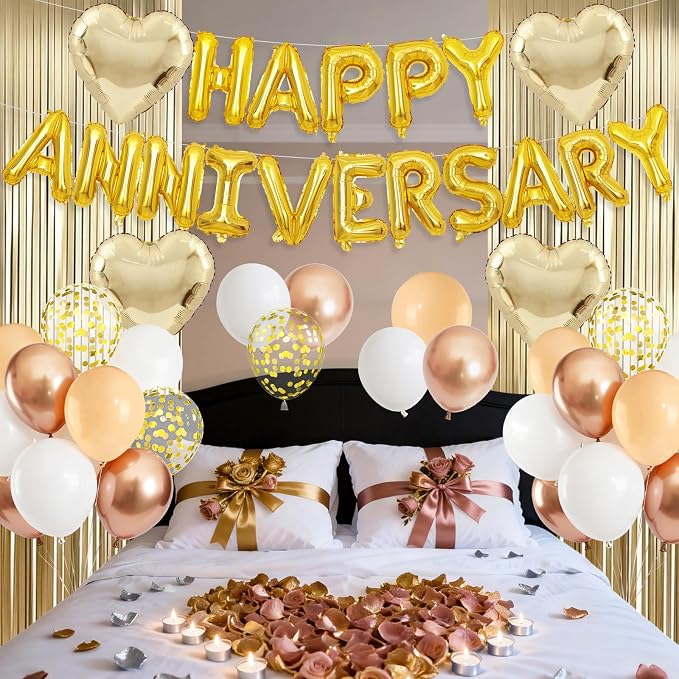 Anniversary Decorations Gold Sand White,Happy Anniversary Balloon Banner with Heart Foil Balloons Fringe Curtain for Wedding Party Valentine's Day Romantic Night