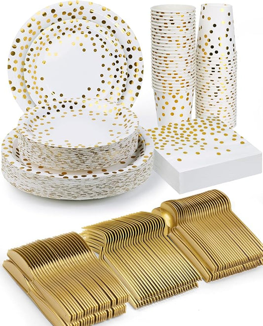 350 Pieces Party Supplies, White and Gold Dots Party Plates Cups and Napkins Sets with Plastic Knives forks spoons, Disposable Tableware Serves 50 Sets for Wedding, Birthday, Graduation, Festivals