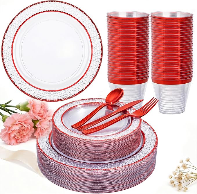 Ciaell 150 PCS Red Plastic Plates – Clear Hammered Disposable Plates with Red Rim include 50Plates, 25Forks, 25Knives, 25Spoons, 25Cups for Wedding & Party & Anniversary & Mother's Day