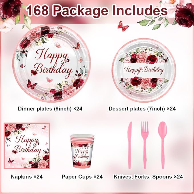 Avezano 168 PCS Burgundy Birthday Party Decorations Rose Gold Floral Birthday Tableware Set Floral Plates Napkins Supplies for Women Girls, Serves 24