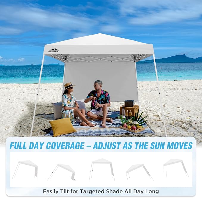 EAGLE PEAK 10x10 Pop Up Canopy Tent with Sidewall, Compact, Portable Slant Leg Instant Sun Shelter for Beach, Sports, & Camping, 10x10 Base 8x8 Top, White