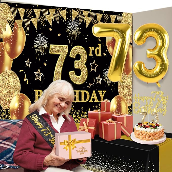 73rd Birthday Decorations Men Women with 73rd Birthday Banner, Black and Gold Table Cloth, Number Balloons, Sash, Cake Topper and Candles