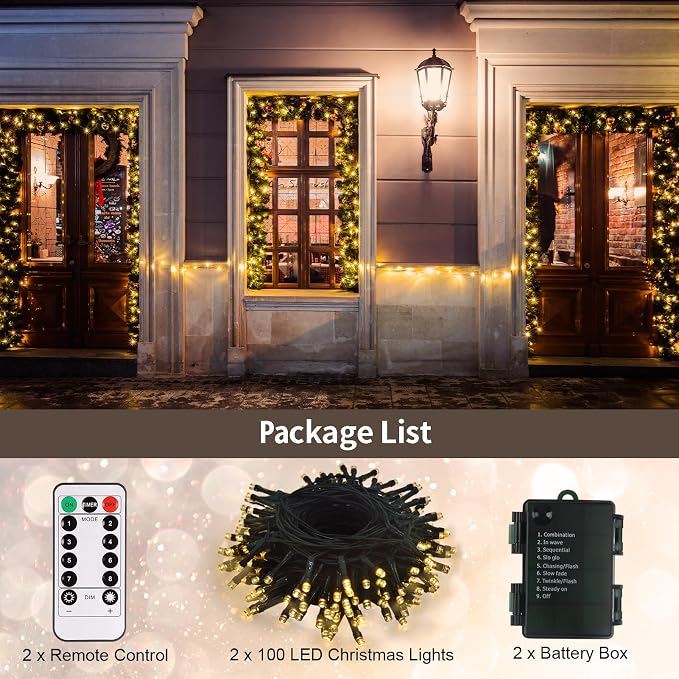 2Pack Christmas String Lights Battery 33Ft 10 LED Wreath lights for Outdoor | Green Wire,Remote,Timer, 8 Modes, Waterproof, Fairy Lights for Bedroom Garden Christmas Decor, Warm White