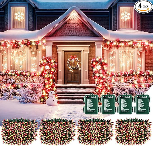 Brightown Christmas Lights Outdoor Battery Operated, 4 Pack Total 66FT 200 LED Battery Fairy Lights with Timer,8 Modes,Waterproof Christmas String Lights for Outside Indoor Bedroom, Red & Warm White