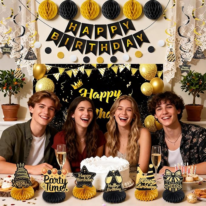 Happy Birthday Party Decoration Set: Including Birthday Banner Backdrop, Party Table Centerpieces and Hanging Swirl Party Streamers, Birthday Decor for Men and Women (Gold/Black, Happy Birthday)