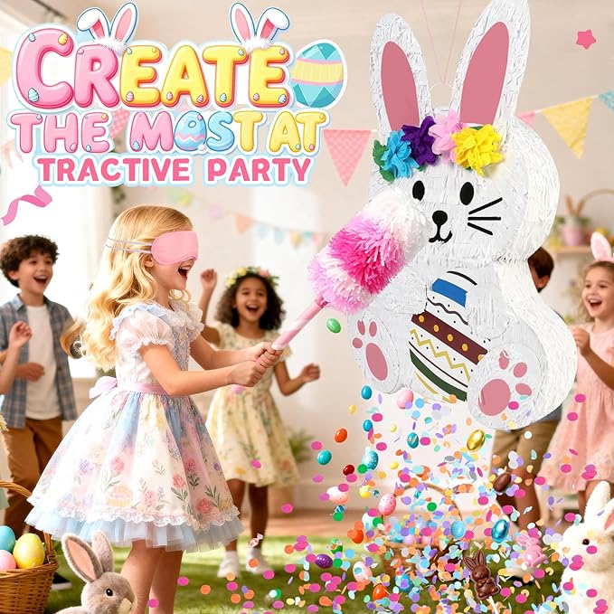 25" Large Bunny Pinata for Kids Birthday Party - Cute White Rabbit Party Supplies with Matching Stick, Blindfold & Confetti - Sturdy Spring Theme Decor for Easter & Baby Shower