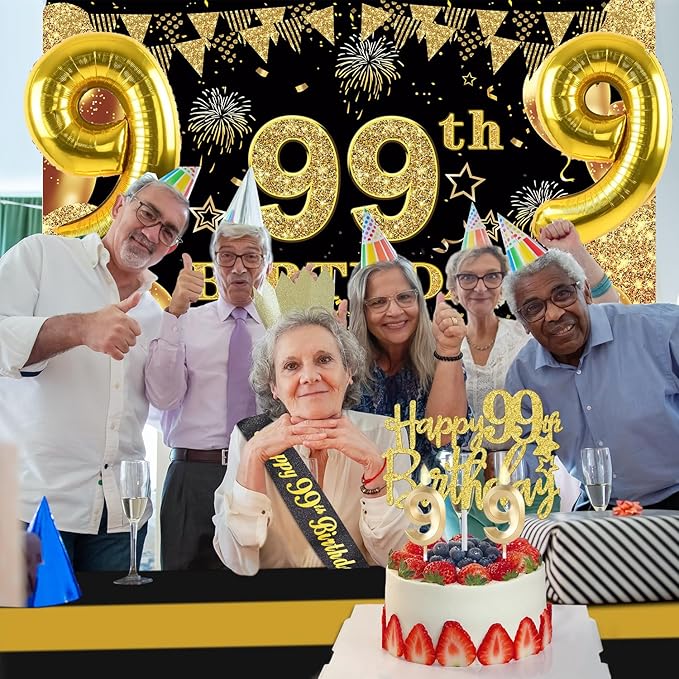 99th Birthday Decorations Men Women with 99th Birthday Banner, Black and Gold Table Cloth, Number Balloons, Large Sash, Cake Topper and Candles