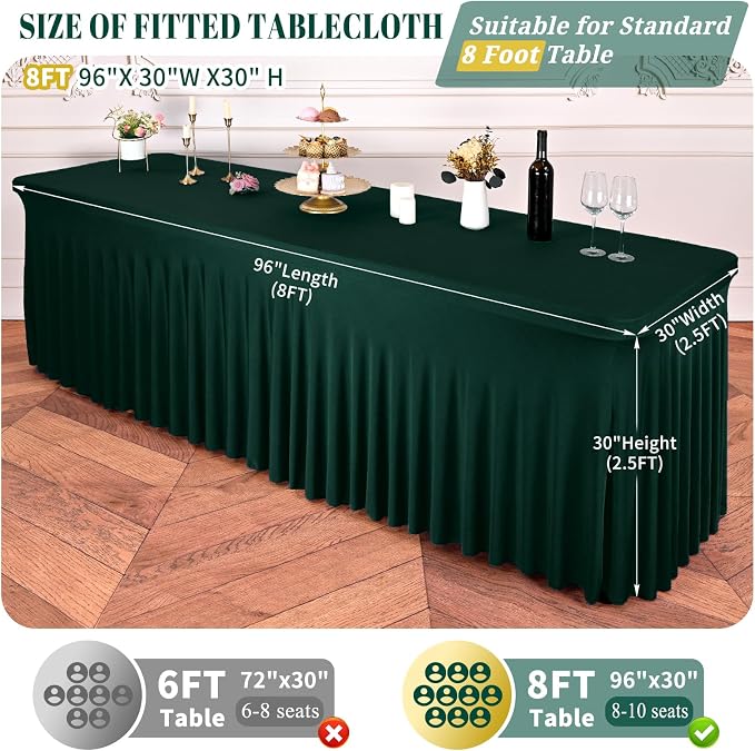 fani 6 Packs Emerald Green Stretch Table Skirts for 8 Foot Rectangle Table, Washable Spandex Stretch Tablecloths with Skirt, Wrinkle Resistant Fitted Tablecover for Wedding Party Banquet
