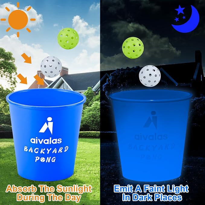 Aivalas Yard Pong Outdoor Games Glow Set in Dark, Giant Yard Pong Game for Adults and Family with 12 Buckets, 4 Balls and a Carrying Bag, Giant Pong for Beach, Camping, Lawn and Backyard