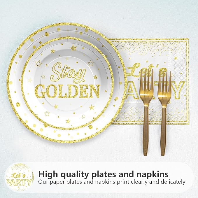96Pcs Happy Golden Birthday Party Decorations White Gold Plates and Napkins Gold Glitter Disposable Paper Plates Tableware Set for Women Men Happy Birthday Baby Shower Party Supplies Serves 24