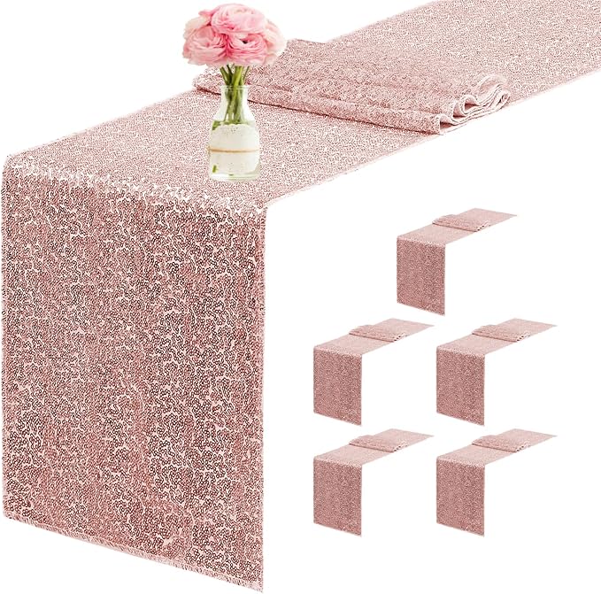 6 Packs 12 x 72 inches Sequin Table Runner, Rose Gold Glitter Table Runner for Birthday Party Supplies Wedding Engagement Baby Shower Holiday Celebration Event Decorations