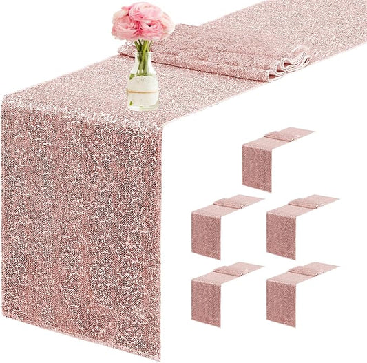 6 Packs 12 x 72 inches Sequin Table Runner, Rose Gold Glitter Table Runner for Birthday Party Supplies Wedding Engagement Baby Shower Holiday Celebration Event Decorations