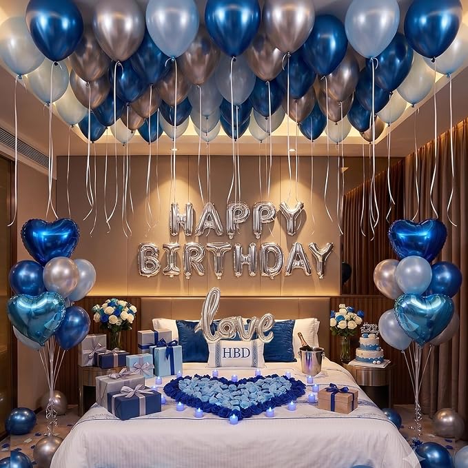 Blue Silver Birthday Decorations with LED Candles, Happy Birthday Balloons, Love Balloon, Rose Petals, Hotel Birthday Room Decorations for Men Women, Anniversary Surprise Decorations for Him Her