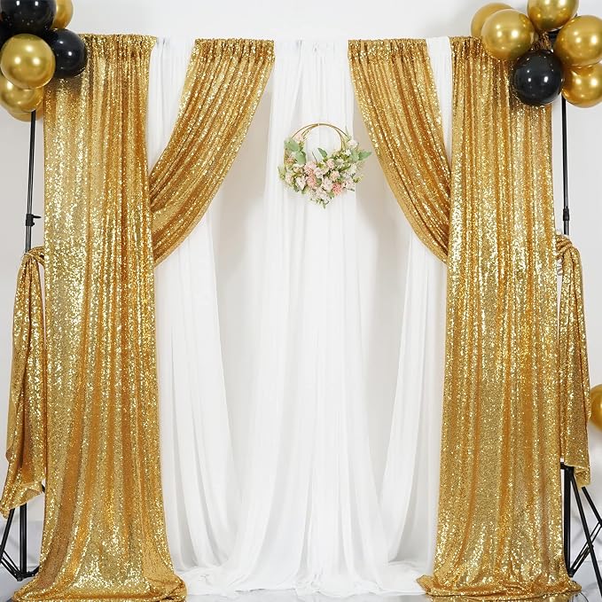 Poise3EHome Gold Sequin Backdrop Curtain, 2 Panels 2Ft x 8Ft Glitter Photography Background for Party Baby Shower Wedding Birthday Christmas Thanksgiving Halloween Decoration