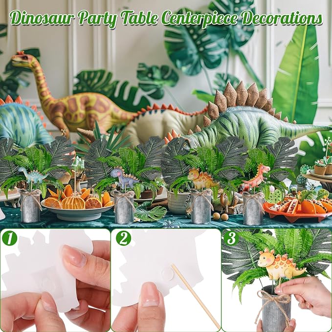 Suncalla 6 Set Dinosaur Party Table Centerpiece Decoration Dinosaur Themed Stick Set Include Vase Stick Artificial Leaves Jungle Animal Theme Table Topper for Baby Shower Birthday (Cylinder,Metal)