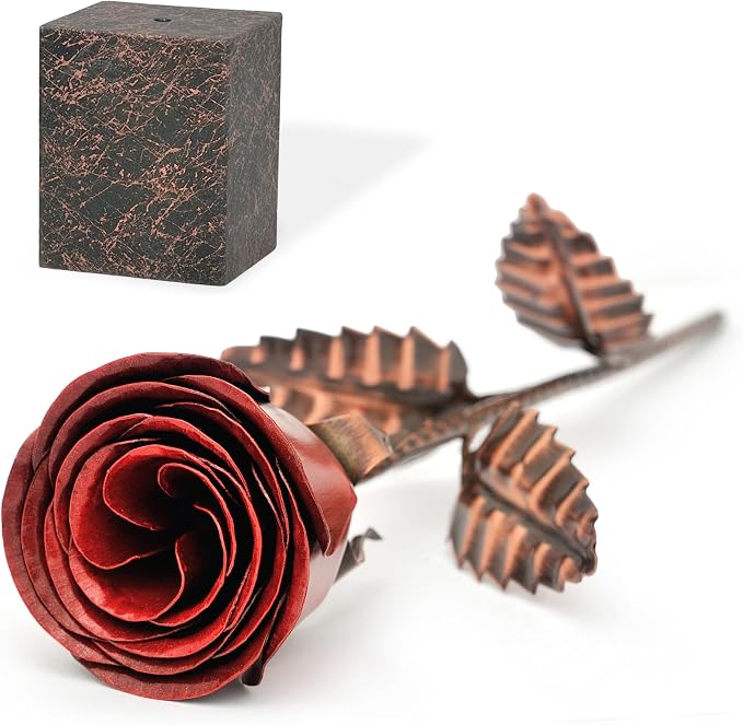 Bronze Anniversary Rose – 8th & 19th Wedding Anniversary Keepsake – Solid Copper Rose with Deep Red Bloom – 12 Inch Handcrafted Flower
