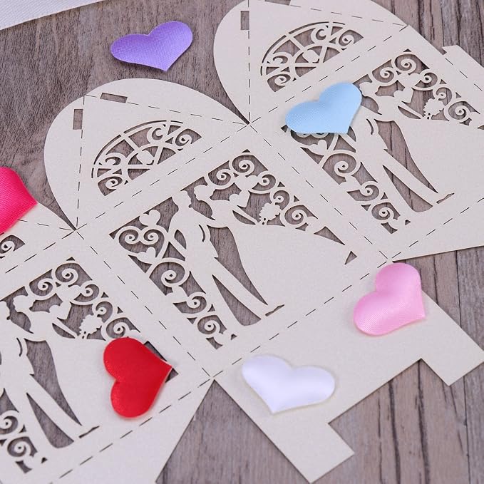Tinksky 100pcs Wedding Candy Boxes Couple Design Luxury Lase Cut Party Wedding Favor Ribbon Candy Boxes Gift Box Table Decorations (White)
