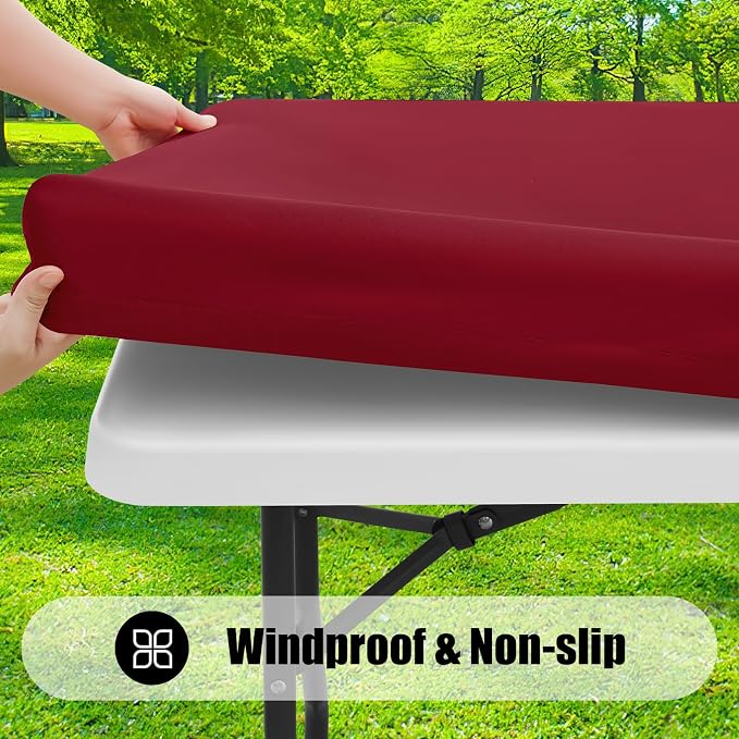 Smiry 6 Pack Rectangle Picnic Table Cloth, Waterproof Elastic Fitted Tablecloths, Washable Polyester Rectangular Patio Table Cover for Camping, Indoor and Outdoor (Wine Red, 30"x48")