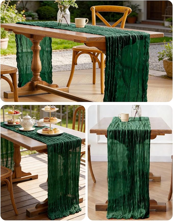 Emerald Green Cheesecloth Table Runner 21x120 Inch Gauze Table Runners Reusable Polyester 10ft Boho Rustic Cheese Cloth Table Runner for Wedding Party Baby Shower Birthday
