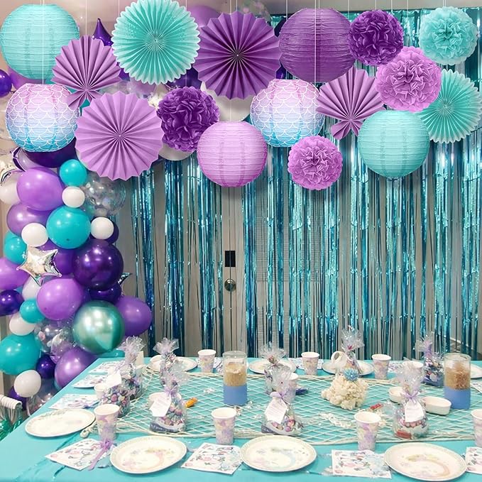 Soulchen 18 Pcs Mermaid Party Decor Purple and Green Paper Lanterns Set Ceiling Hanging Decorations Tissue Pom Poms Fans Decor for Mermaid Under the Sea Ocean Birthday Party Classroom Supplies