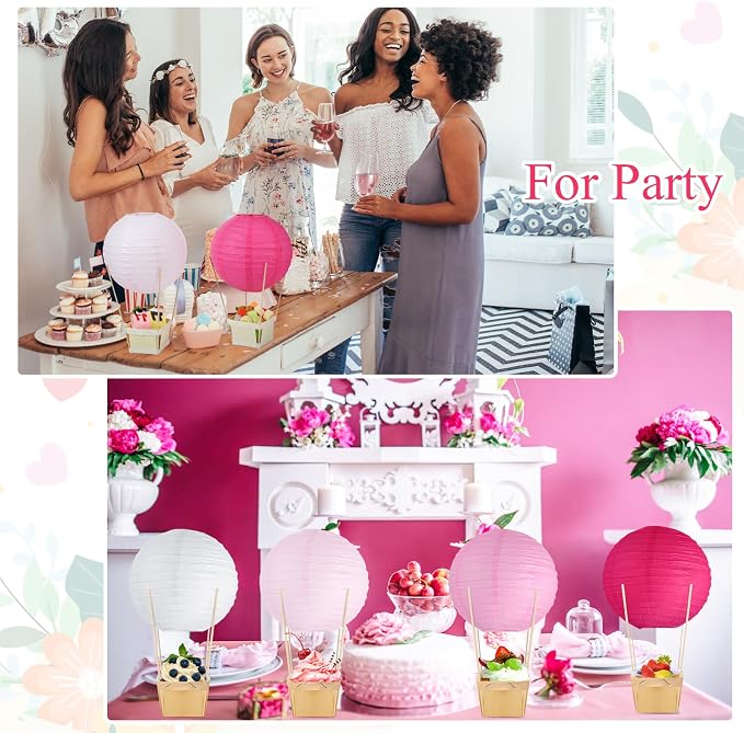 Namalu 24 Set Hot Air Balloon Table Centerpieces Baby Shower Party Decoration Paper Lanterns with Wooden Basket Sticks for Summer Birthday School DIY Craft(Hot Pink)