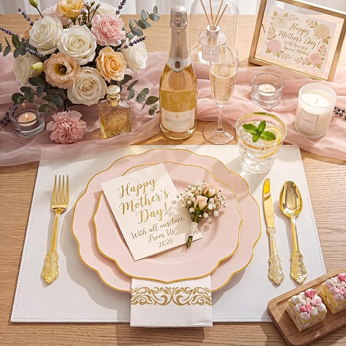 NOCCUR 175PCS Pink Plates with Gold Disposable Silverware - Include 50 Pink Plastic Plates,25 Knives,25 Forks,25 Spoons,25 Cups and 25 Napkins - Ideal for Party/Wedding/Mother's Day