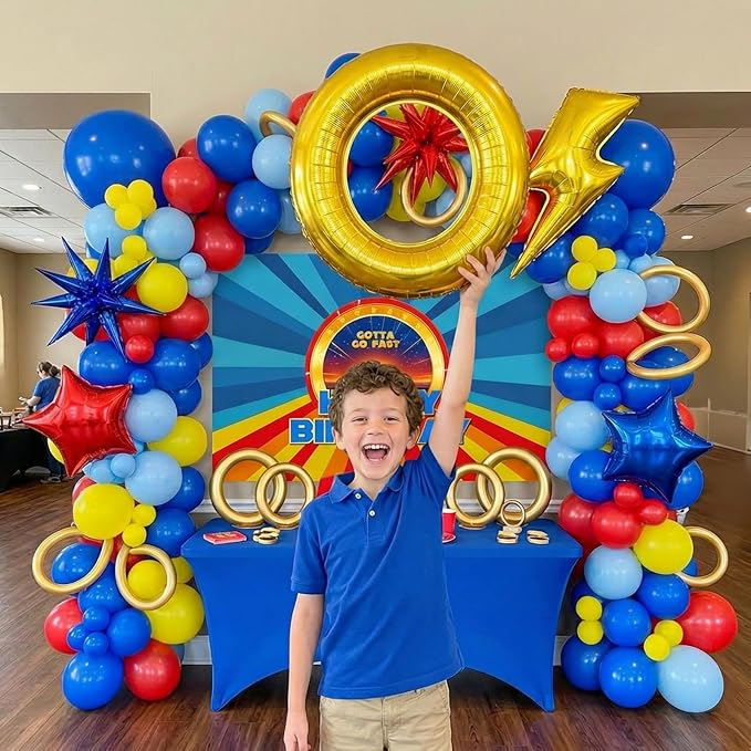 Red Blue Birthday Decorations Balloon Arch Garland Kit with Backdrop & Royal Blue Light Blue Red Gold Balloons, Lightning Ring Star Foil Balloons for Boys Gaming Speed Theme Party