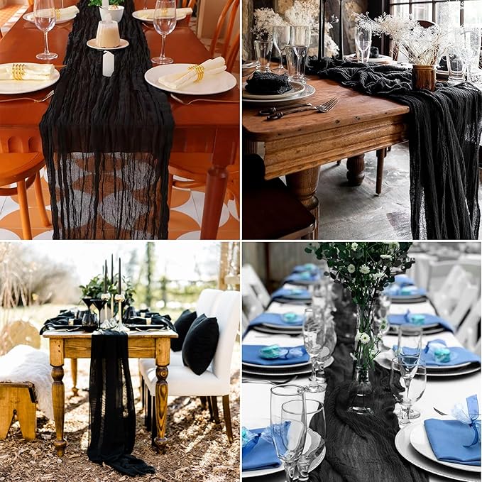 8 Pack Black Cheesecloth Table Runner 10Ft Gauze Cheese Cloth Table Runner 35x120Inch Romantic Boho Table Runners for Wedding Birthday Party Bridal Baby Shower Engagement Halloween Holiday Table Decor