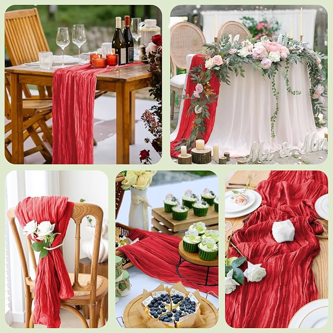 Wokceer Cheesecloth Table Runner 2Pack 10FT Red Boho Gauze Easter Christmas Cheese Cloth Table Runner for Party Thanksgiving Long Rustic Sheer Table Runners for Baby Bridal Shower Wedding Table