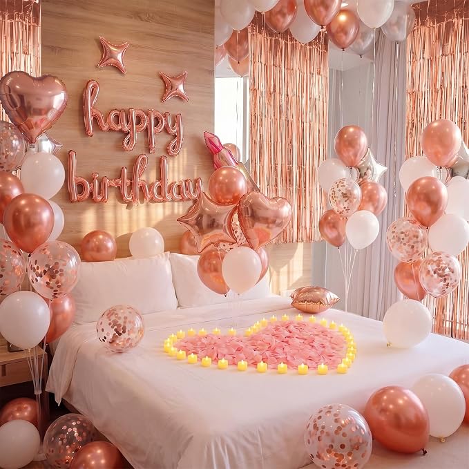 Realspring 170 Pcs Rose Gold Birthday Decorations for Women Birthday Room Decorations for Party Bedroom with Lipstick Heart Star Balloons Rose Gold Foil Fringe Curtains Pink Confetti Tea Light