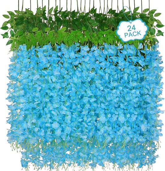 24Pcs Artificial Wisteria Hanging Flowers, 3.6Ft/Pcs Blue Fake Wisteria Garland for Wedding Party Home Garden Indoor Outdoor Decoration